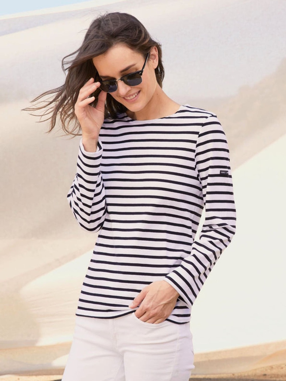SAINT JAMES Minquiers Modern Breton Striped Shirt Black White Cotton Size Small